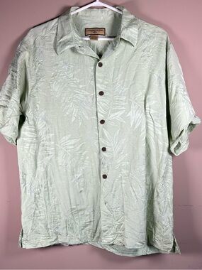 Caribbean Joe 100% Silk Tropical Leaf Jacquard Button Down Shirt Men's L Green